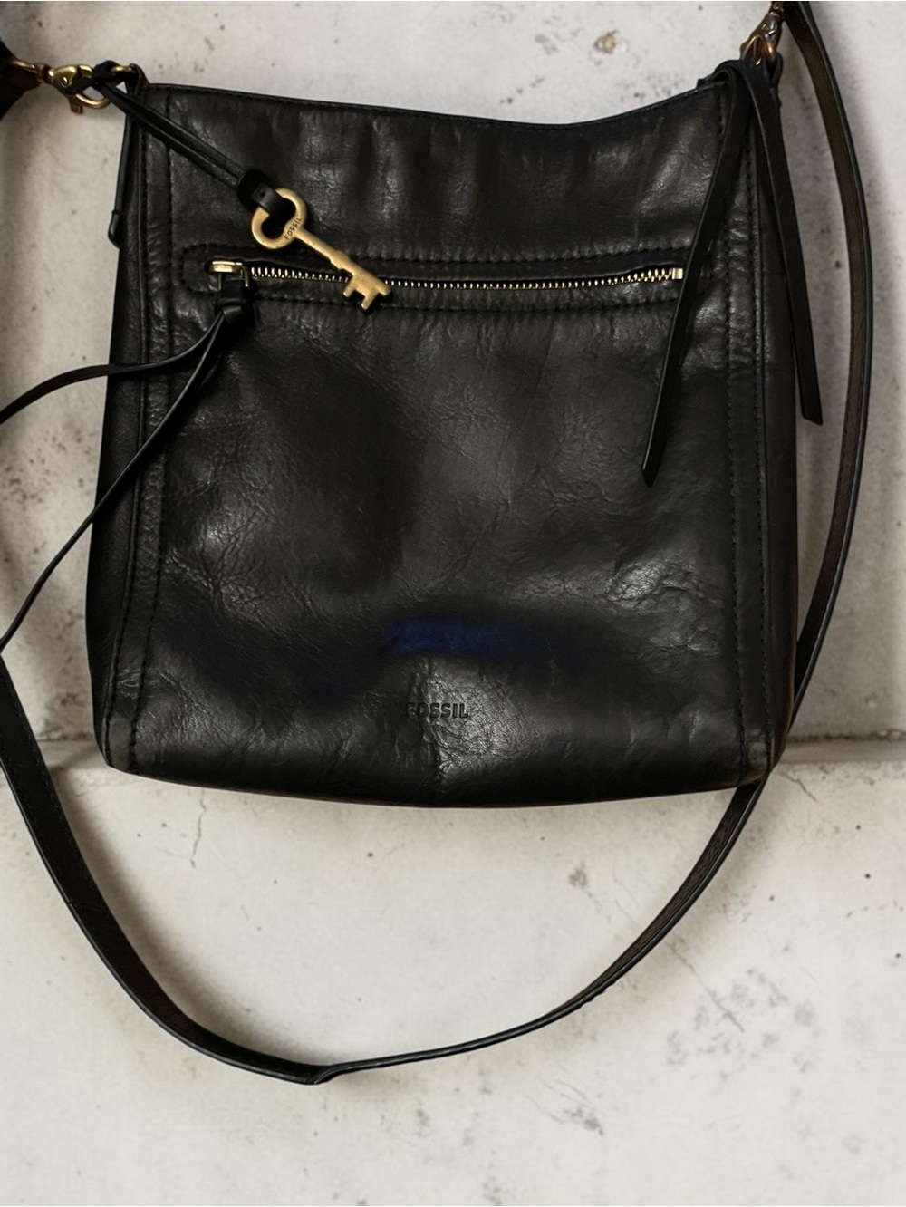 Fossil Black Leather Crossbody with Gold Key Charm